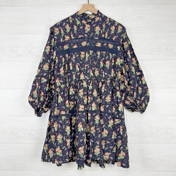 Anthropologie Babydoll Dress Medium Balloon Sleeve Floral Swiss Dot Boho Cottage - Picture 3 of 16